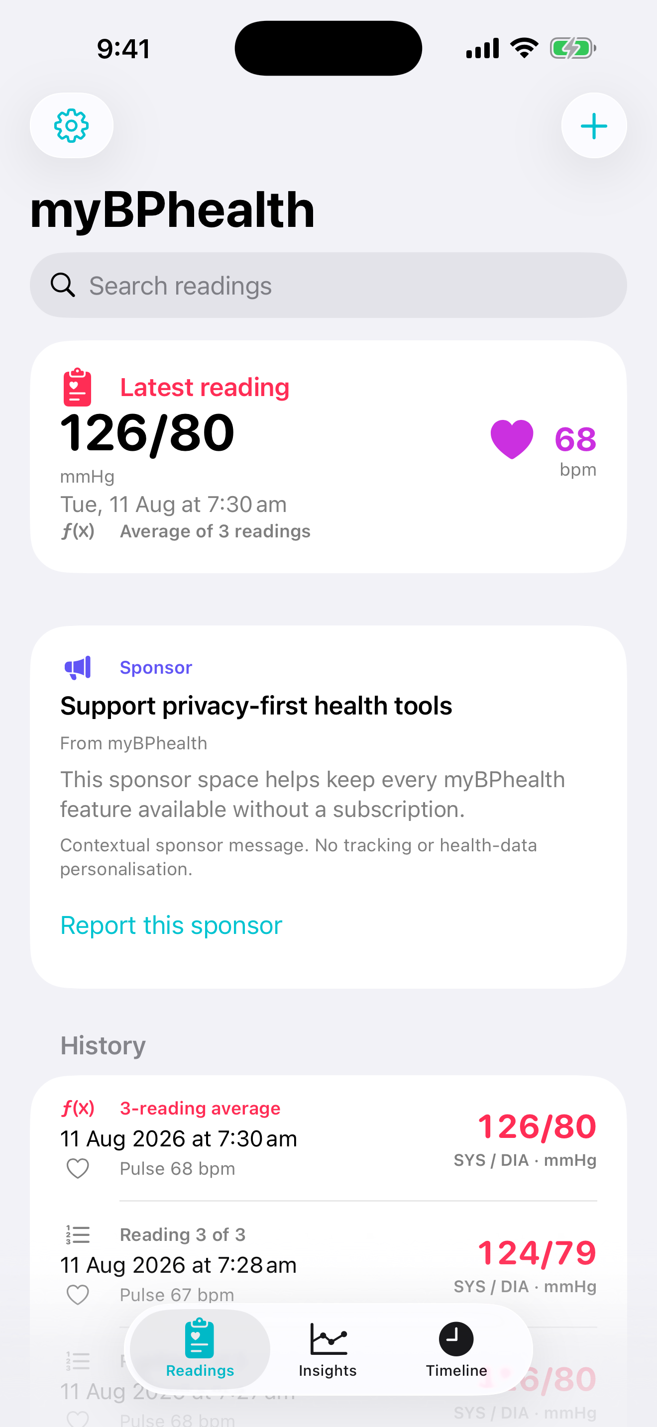myBPhealth Readings screen on iPhone showing the latest reading and history