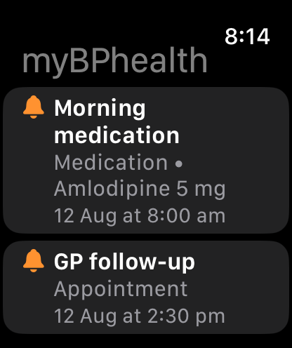 myBPhealth reminders on Apple Watch